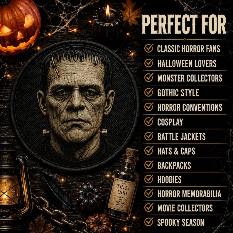 May include: A circular embroidered patch featuring a detailed portrait of Frankenstein's monster in shades of grey and black. The text lists various uses including classic horror fans, Halloween lovers, monster collectors, and gothic style.