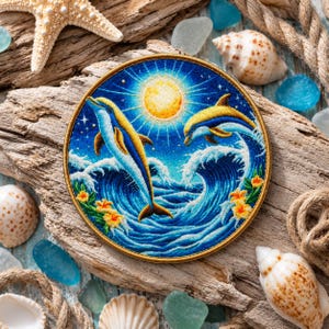 May include: A round embroidered patch featuring two dolphins leaping from blue waves under a bright sun. The patch has a gold border and is decorated with yellow and orange flowers. The background includes seashells, sea glass, and rope.