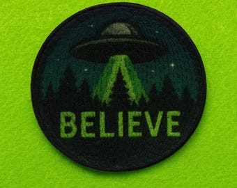 Believe Patch/UFO Patch/Flying Saucer Patch/Iron-on Applique for Jacket & Clothes/Backpack/Retro Patch/Xfiles Patch/Alien Patch/Area 51 Gift