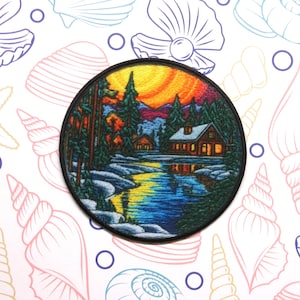 Aplique de remendo de lago para passar a ferro/costurar em coletes, jaquetas, roupas, mochilas, emblema da natureza, remendo de montanha, remendo de inverno, cabana na floresta