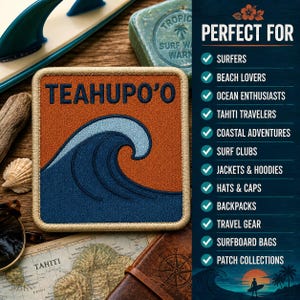 May include: A square embroidered patch featuring the text TEAHUPO'O in dark blue letters over a burnt orange background, with a stylised dark blue and light blue ocean wave graphic. The patch has a thick, light tan stitched border edge.