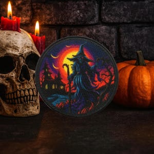 Parche de bruja aterradora para planchar o coser, ideal para chalecos, chaquetas, ropa, insignias de Halloween, hechiceras, hechiceras, espeluznantes y malvadas, fanáticos del terror.
