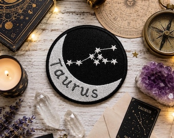 Taurus Zodiac Sign Constellation Patch Embroidered Iron-On/Sew-on Applique for Vest Jacket Clothing Backpack, Horoscope & Astrology Signs