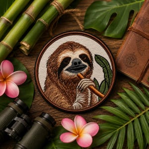 May include: A circular embroidered patch featuring a brown sloth with dark eye markings holding a brown stick. The sloth is set against a cream-colored background within a dark brown border. The detailed stitching captures the texture of the fur.