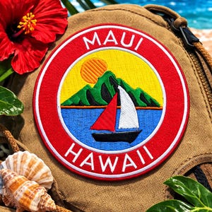 Maui Hawaii Patch/Iron-On Patch/Mountain Sailboat/Beach Souvenir Gift/Embroidered Sew-on Applique for Clothing Vest/Jacket Backpack Hats Bag