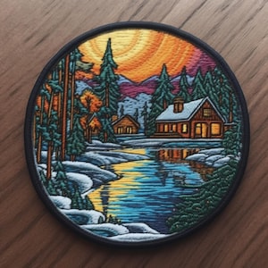 May include: Embroidered patch featuring a winter scene with two cabins, a lake, and snow-covered trees. The sky is a vibrant orange and yellow, with a hint of purple in the mountains.