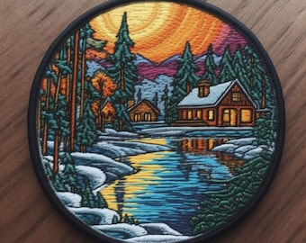 Lake Patch/Iron-On Patch/Nature Badge/Mountain Patch/Winter Patch/Cabin in the Woods/Sew-on Applique for Vest/Jacket, Clothing, Backpacks