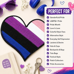 May include: A heart-shaped embroidered patch featuring horizontal stripes of blue, black, purple, white, and pink. Next to it, a white rectangular sign lists text including PERFECT FOR, Genderfluid Pride, LGBTQ+ Pride, Pride Month, and Love Is Love.