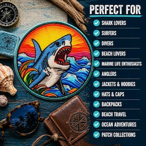 Può includere: Una toppa ricamata circolare raffigurante uno squalo blu a bocca aperta che emerge dalle onde dell'oceano su uno sfondo di tramonto arancione e giallo vibrante. Il testo "PERFECT FOR" è visualizzato sopra un elenco di categorie con spunte.