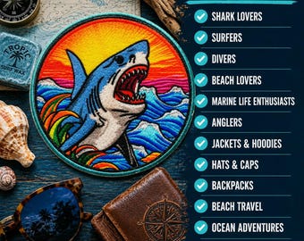 Great White Shark Patch/Iron-On Patch/Carcharodon Carcharias/Ocean Predator/Souvenir Gift/Sew-On Applique for Clothing Jackets Backpack Gear