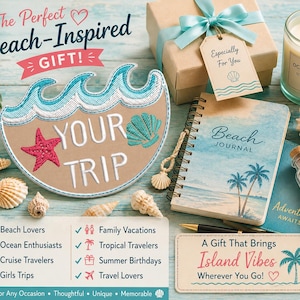 May include: A beach-themed gift set featuring an embroidered patch with waves, a starfish, and a seashell, a spiral-bound beach journal, a scented candle labeled Ocean Breeze, a small glass bottle filled with shells, and a gift box.