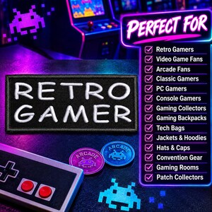 May include: A rectangular black embroidered patch with the white text RETRO GAMER. The image includes a list of text starting with PERFECT FOR followed by items like Retro Gamers, Video Game Fans, Arcade Fans, and various apparel and gear.