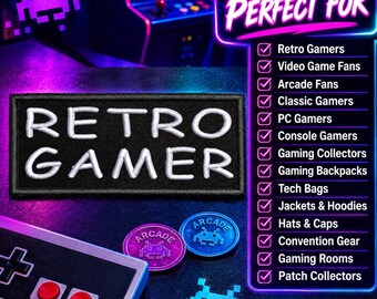 Retro Gamer Patch/Iron-on Patch/Vintage Gift/Geek Patch/Embroidered Sew-on Applique for Clothing, Vest/Jacket, Hat, Backpack, Gear