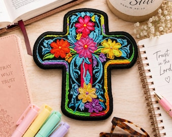 Floral Christian Cross Patch/Iron-on Patch/Christian Faith Gift/Religious Inspirational/Sew-on Applique for Clothing Jacket Hat Backpack