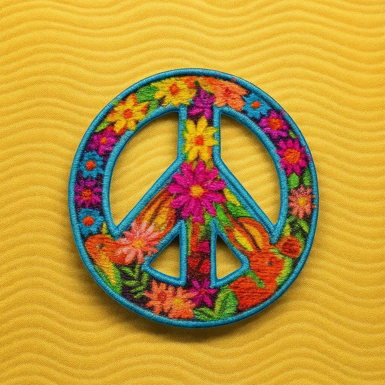 K&ouml;nnte beinhalten: Gesticktes Peace-Zeichen-Patch mit t&uuml;rkisfarbenem Umriss, gef&uuml;llt mit bunten Blumen und einem Paar orangefarbener Kaninchen. Die Blumen umfassen rosa, gelbe und orangefarbene Bl&uuml;ten. Das Patch befindet sich auf einem strukturierten gelben Hintergrund.
