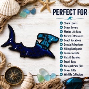 Hammerhead Shark Patch/Iron-On Patch/Scuba Diver Gift/Ocean Predator/Beach Souvenir/Embroidered Sew-On Applique for Clothing Jacket Hat Bags