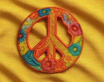 Peace Symbol Patch/Iron-On Patch/Flower Child/Boho Hippie Retro Woodstock Music Festival/Sew-on Applique for Vest Jacket Clothing Backpack