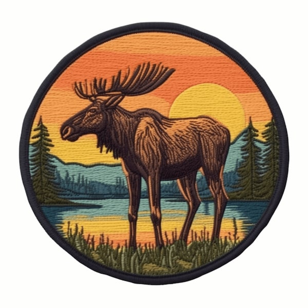 Moose Patch Iron-on/Sew-on Custom Applique for Vest Jacket Denim Clothing Decorative Badge, Wild Animal Nature Outdoor Mountain, Souvenir