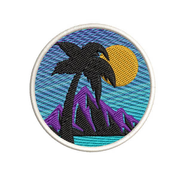 Gradient Ombre Retro Vaporwave Palm Tree Sunset Scene Small 2.5" Embroidered Iron-On/Sew-on Custom Applique / Vest Jacket Clothing Backpack
