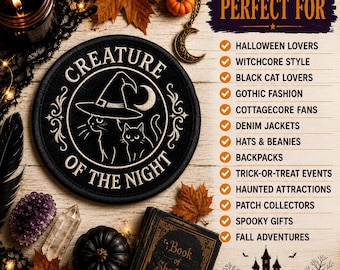Creature of the Night Patch/Iron-On Patch/Black Cat/Halloween Costume Decor/Witches & Spooky Gift/Sew-On Applique for Clothing, Hat Backpack