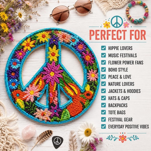 Peace Sign Patch/Iron-on Patch/Retro 70s/Decorative Badge/Flower Daisy Boho/Hippie Retro/Sew-on Applique for Clothing, Jacket, Hat, Backpack
