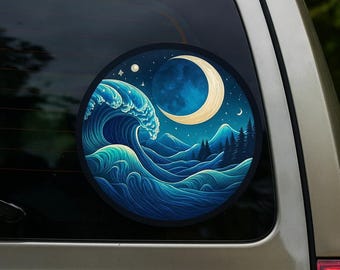Ocean Waves Sticker Decal, Window Bumper Car Waterproof Vinyl Sticker, Water Bottle Laptop Decal, Moon & Stars, Night Sky, Crashing Waves