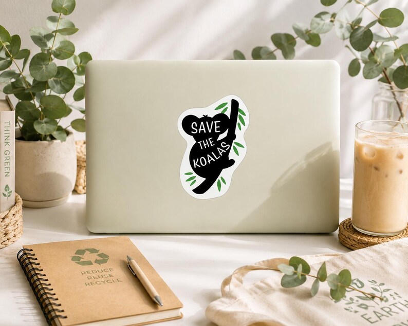 May include: A white sticker on a laptop features a black koala silhouette clinging to a branch, with the text "Save the Koalas" in white. Green leaves accent the design. Other items include a notebook, pen, and a tote bag.