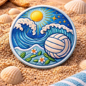 May include: Embroidered patch featuring a beach scene with a volleyball, ocean waves, and a sun. The patch is round with a blue border and is set on a sandy beach with seashells and a blue and white striped towel.