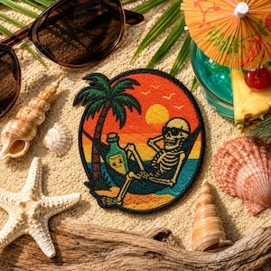 Beach Bum Skeleton Patch/Iron-On Patch/Coconut Girl/Sunglasses, Chillin’ in a Hammock/Sew-On Applique for Tote Bags, Clothing Backpacks