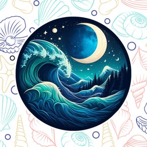Ocean Waves Sticker Decal, Window Bumper Car Waterproof Vinyl Sticker, Water Bottle Laptop Decal, Moon & Stars, Night Sky, Crashing Waves