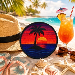 Island Escape Palm Tree Patch/Iron-On Patch/Coconut Girl & Beach Vibe/Tropical Adventure/Sew-on Applique for Clothing Hats Tote Bag Backpack