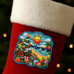 Christmas at the Beach Patch/Christmas Patches/Santa Claus Patch/Iron-on Patch/Sew-on Applique for Stockings, Clothing, Vests, Festive Patch