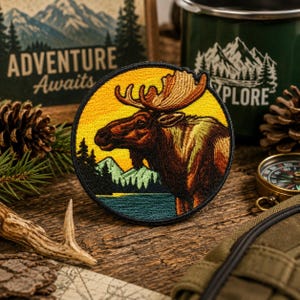 May include: A circular embroidered patch featuring a brown moose in profile against a yellow sunset sky, green mountains, and a dark blue lake. The patch has a black stitched border and depicts a detailed wilderness scene with pine trees.