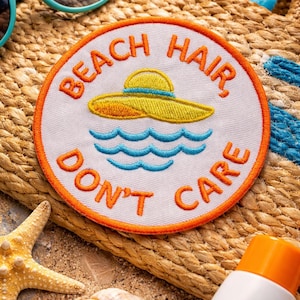 Beach Hair - Don't Care Patch/Iron-On Patch/Retro Water Lover Gift/Sew-on Applique for Clothing Tote Bags Vest/Jacket Hats Backpacks Gear