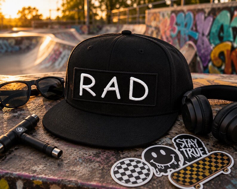 May include: A black baseball cap with a rectangular patch featuring the white embroidered text RAD. The cap is surrounded by black sunglasses, a black T-shaped tool, black headphones, and three stickers including a smiley face and a skateboard.