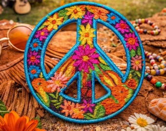 Peace Sign Patch/Iron-on Patch/Retro 70s/Decorative Badge/Flower Daisy Boho Hippie Retro/Sew-on Applique for Clothing Vest/Jacket Backpack