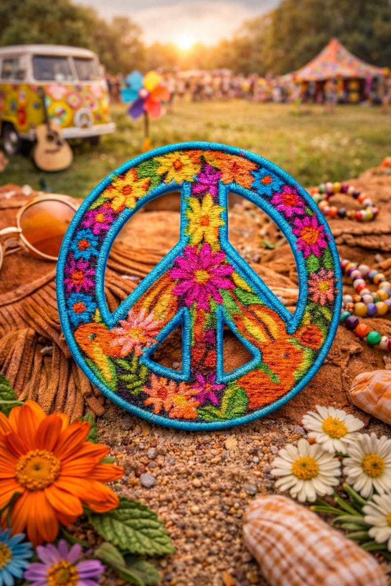 Peace Sign Patch/Iron-on Patch/Decorative Badge/Flower Daisy Boho Hippie Retro/Sew-on Applique for Clothing, Vest/Jacket, Backpack Bild 1