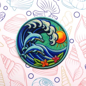 Dolphins & Ocean Waves Patch Iron-on/Sew-on Applique for Vest Jacket Clothing Backpack Tote Bag, DIY Crafts, Animal Badge, Sea Life, Surfing