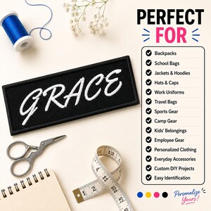 May include: A rectangular black embroidered patch featuring the white text GRACE in a script font. The image includes a blue thread spool, metal scissors, and a measuring tape showing inches. A list of uses is provided with checkmarks.