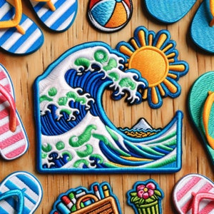 Ocean Waves Patch Iron-on/Sew-on Custom Applique for Vest Jacket Denim Clothing Backpack, Decorative Badge, Beach Vacation, Travel Souvenir