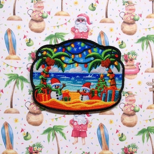 Christmas at the Beach Patch Iron-on/Sew-on Applique for Vest Jacket Clothing Backpacks Tote Bags, Festive Patch, Santa's Elves, Snowman