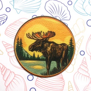 Elch Aufnäher zum Aufbügeln / Aufnähen Applikation für Weste Jacke Kleidung, Wildtier Abzeichen, Nationalparks, Natur Berg Souvenir, Wandern, Camping
