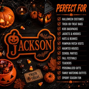 May include: A black and orange embroidered patch featuring the name JACKSON with a pumpkin and bat design. The image includes text listing uses like Halloween costumes, trick-or-treat bags, and jackets, alongside pumpkins, a lantern, and candy.