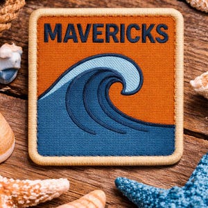 Mavericks Surf Patch/Big Wave/Iron-On Patch/Beach Vibes & Surfer Gift/Sew-On Applique for Clothing, Gear, Tote Bags, Jacket/Vest, Backpacks