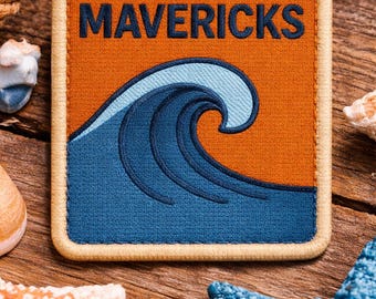 Mavericks Surf Patch/Big Wave/Iron-On Patch/Beach Vibes & Surfer Gift/Sew-On Applique for Clothing, Gear, Tote Bags, Jacket/Vest, Backpacks
