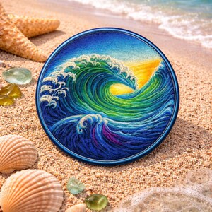 Wave Patch - Simple Beach - Ocean - Embroidered Iron On Patches Custom Applique Vest Jacket Clothing Backpack, Coconut Girl Fun Vacation