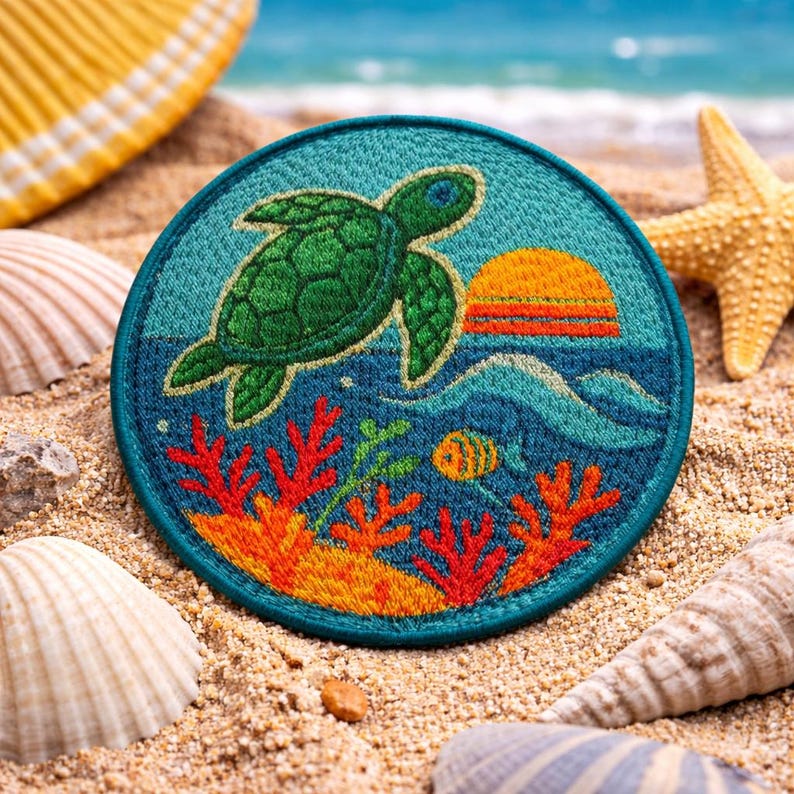 May include: Embroidered patch featuring a green sea turtle swimming above coral and a setting sun. The patch is round with a teal background and is surrounded by seashells and a starfish on a sandy surface.
