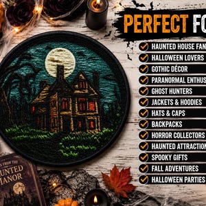 May include: A circular embroidered patch featuring a dark, detailed haunted house scene under a full moon. The design includes a multi-story house with glowing red windows, silhouetted trees, and a grassy foreground, all bordered by a black stitched edge.
