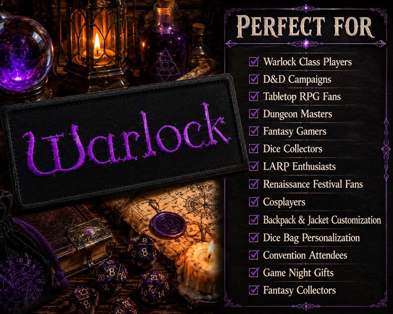 K&ouml;nnte beinhalten: Ein rechteckiger, schwarzer Aufn&auml;her mit dem Wort Warlock in violettem Garn. Rechts daneben befindet sich eine Liste mit der &Uuml;berschrift PERFECT FOR, die Warlock Class Players, D&D Campaigns, Tabletop RPG Fans und Dungeon Masters enth&auml;lt.