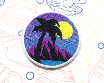 Palm Tree Sunset Scene Patch Embroidered Iron-On/Sew-on Applique for Vest Jacket Clothing Backpack, Gradient Ombre Retro Vaporwave, Beach